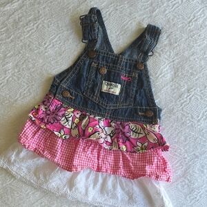 OshKosh B'gosh Denim Overall Dress with Pink Floral & Gingham Ruffle Skirt 12 Mo